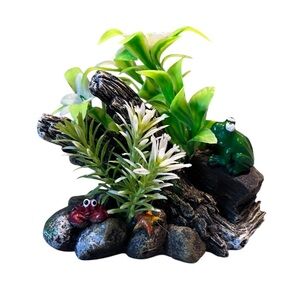 Aquarium Accent Ornament with Green Plants and Frog